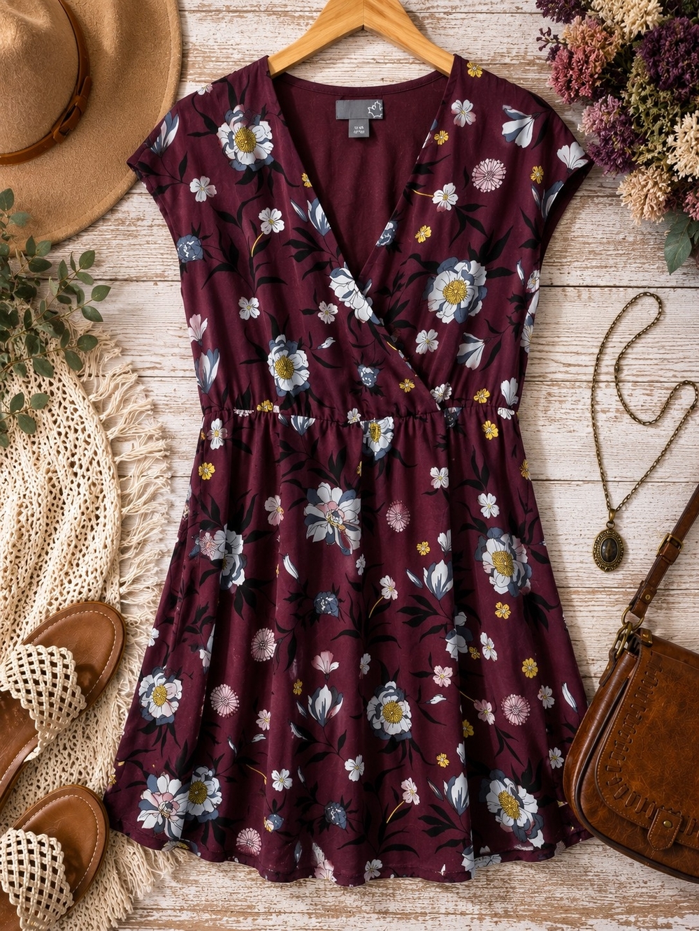 Sears Floral Faux Wrap Dress Burgundy Prairie Boho M